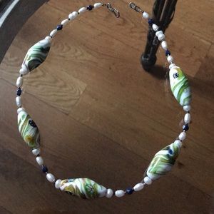 Necklace with lapis, genuine pearls,  silver.